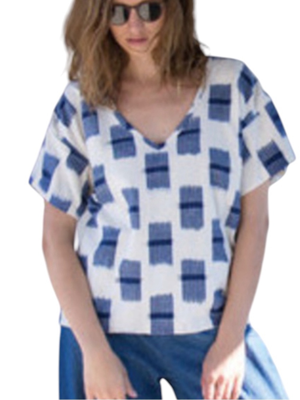 Esby Apparel Kara Ikat Top Blue and White 100% Cotton Short Sleeve V Neck Medium
